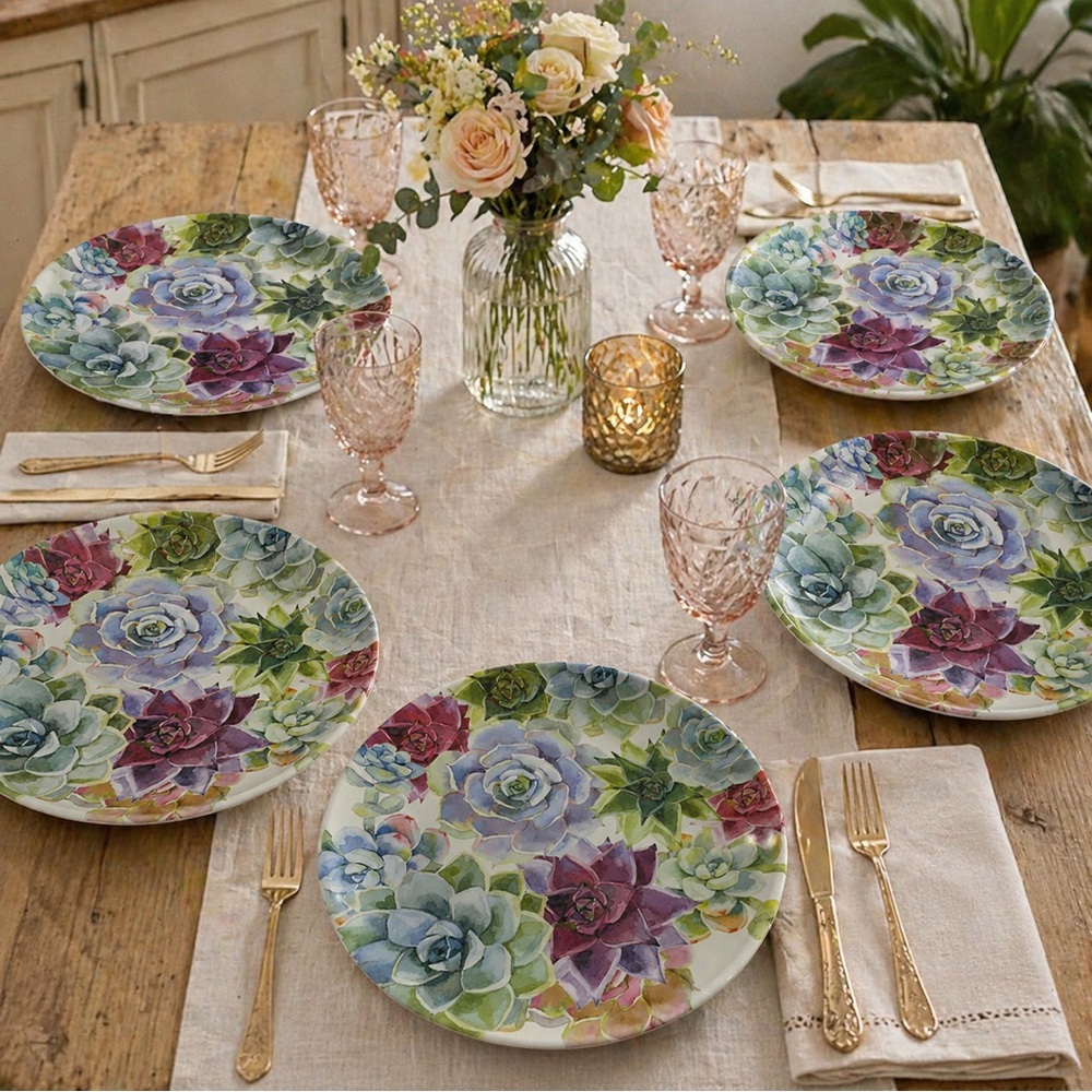 Nicole Miller Succulent Blooms 100% Melamine 11” Dinner Plates Set Of 5 Cactus